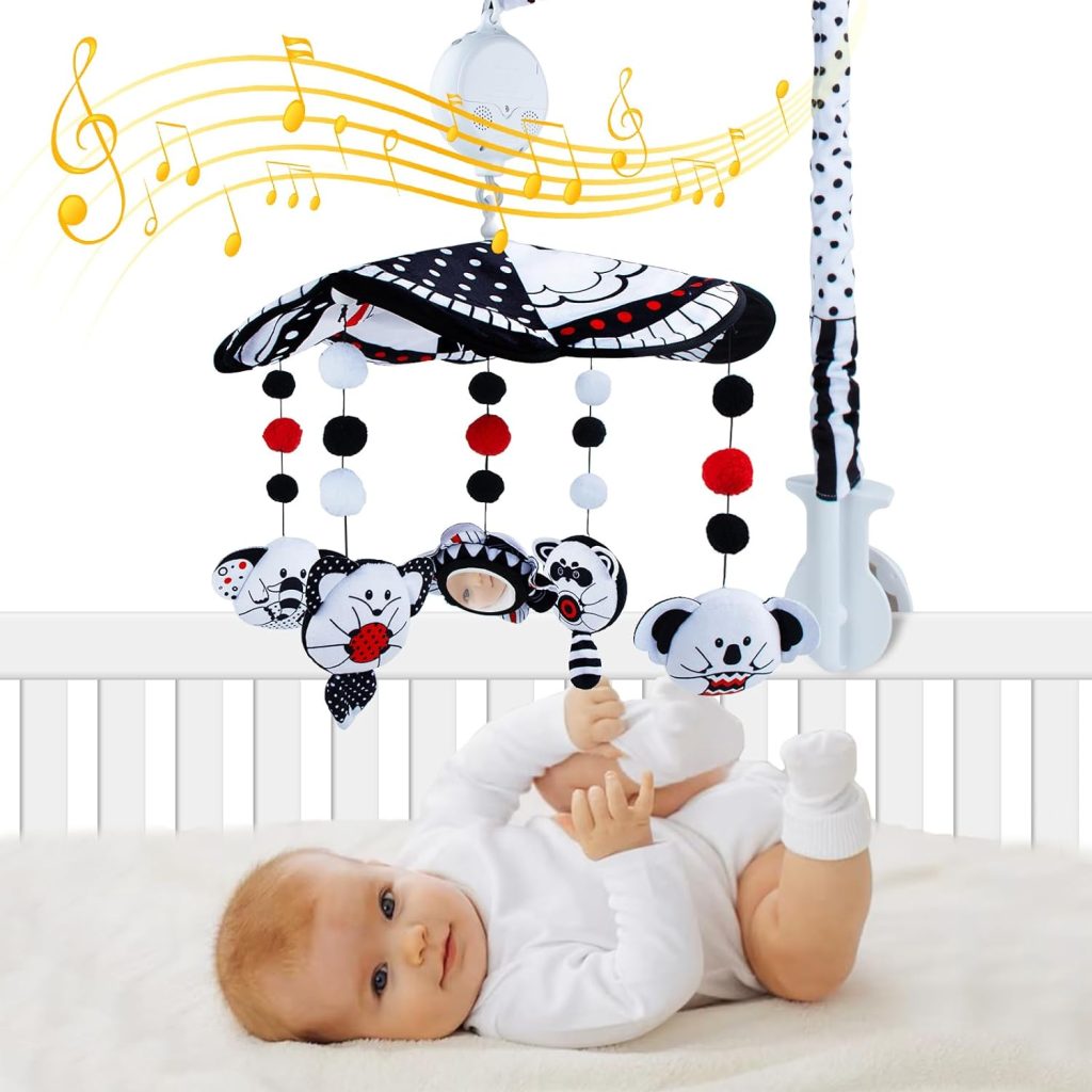 Baby Crib Mobile, Baby Mobile for Crib with Mirror, Black and White High Contrast Mobile Toy for Newborn Infants Boys and Girls, Baby Mobile Hanging