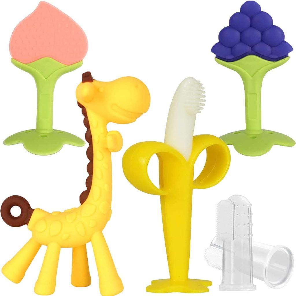 Baby Teething Toys, Silicone Baby Teether Freezer BPA Free, Soothe Babies Teething Relief Sore Gums, Banana Finger Toothbrush, Fruit Shape Giraffe Teether Set for Infant Boys and Girls