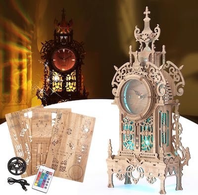 FUNPOLA 3D Wood Puzzle LED Tower Clock Model, 3D Puzzle Building Model Desktop Clock Model DIY Architectural Building Blocks (LED-TC01 Wood)