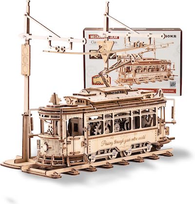 ROKR 3D Wooden Puzzles Model Car Kits for Adults to Build - Wooden Toy Tram Train Set with Railway - Wood 3D Puzzles for Adults - Gift Idea for Christmas